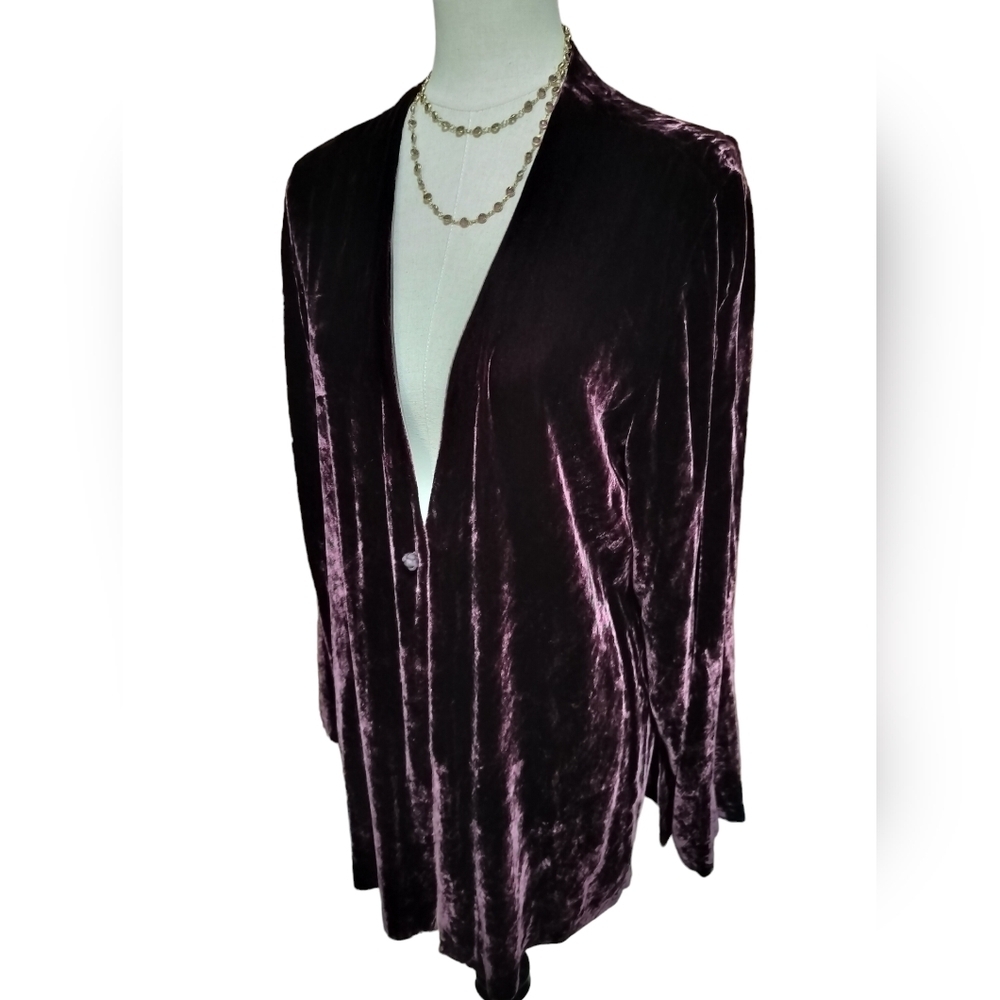 2242)Eileen Fisher Deep Burgundy Single Button Silk Blend Velvet Cardigan Size L - Picture 3 of 8